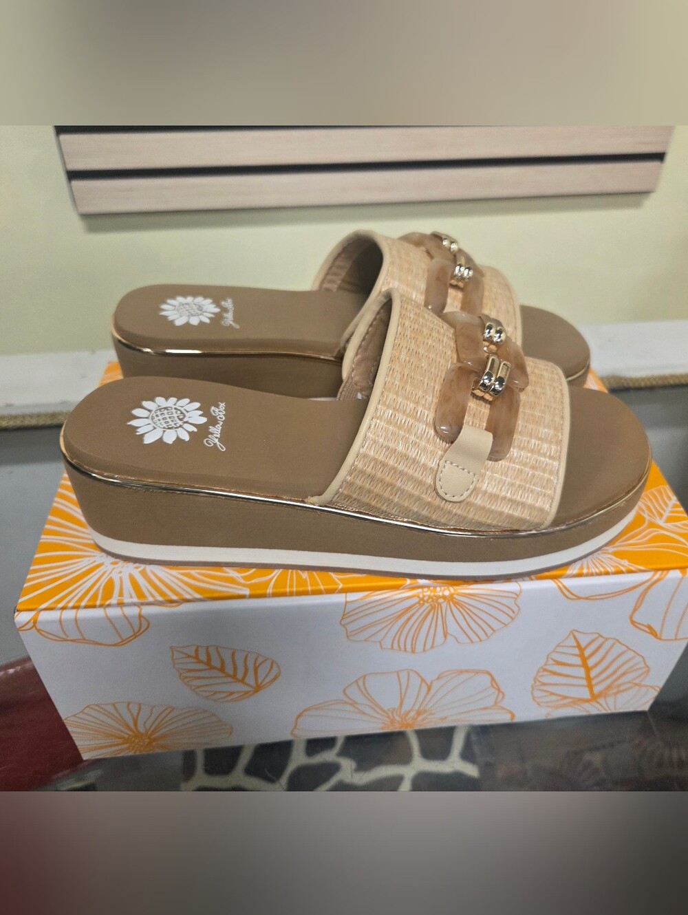 Beige Woven Slide Sandals with Decorative Accent Platform Wedges